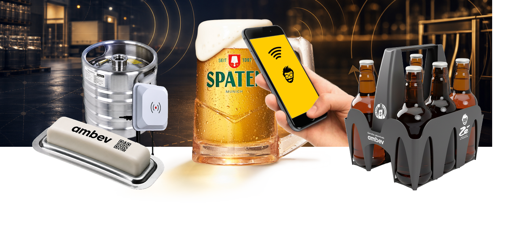Barril de chopp com RFID, Caneca Spaten conectada e cestinha retornável RGB representando iniciativas de inovação aplicada na Ambev.